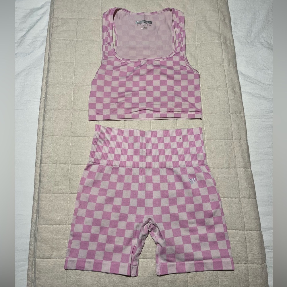 Pink gingham biker short and top set